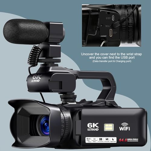 6K Camcorder Video Camera 64MP IR Night Vision Vlogging Camera for YouTube 18X Digital Zoom 4.0 Inch Touch Screen Video Camera with WiFi, Microphone, Remote Control, 64GB SD Card,Stabilizer
