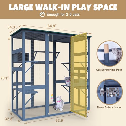 Catio Outdoor Cat Enclosure Large Walk in Cat Cage, Outdoor/Indoor Cat Catio for Multiple Cats with Waterproof Roof, 5 Platforms, 2 Resting Box, Cat Scratching Post