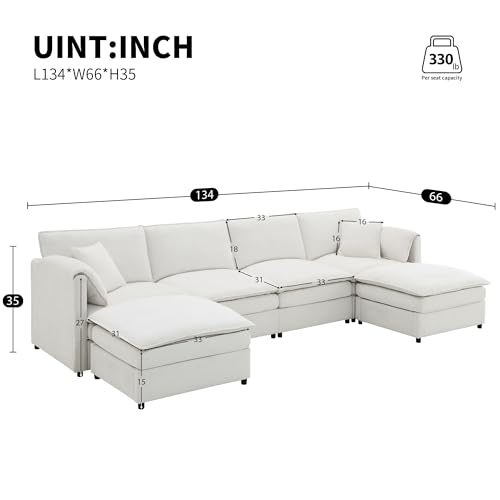 134" Oversized Modular Sectional Sofa, Modern U Shaped Cloud Couch Set with Double Cushions, Comfy Chenille 6 Seat Sleeper Sofa Bed with 2 Ottomans for Living Room, Bedroom, Office (Cream)