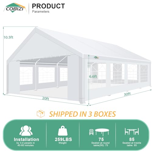 COBIZI 20x40 Party Tent Heavy Duty, Galvanized Wedding Tent, Event Shelter for Parties, Outdoor with Removable Sidewall & Built-in Sandbag, Carpas para Fiestas, Large Canopy, Waterproof, White