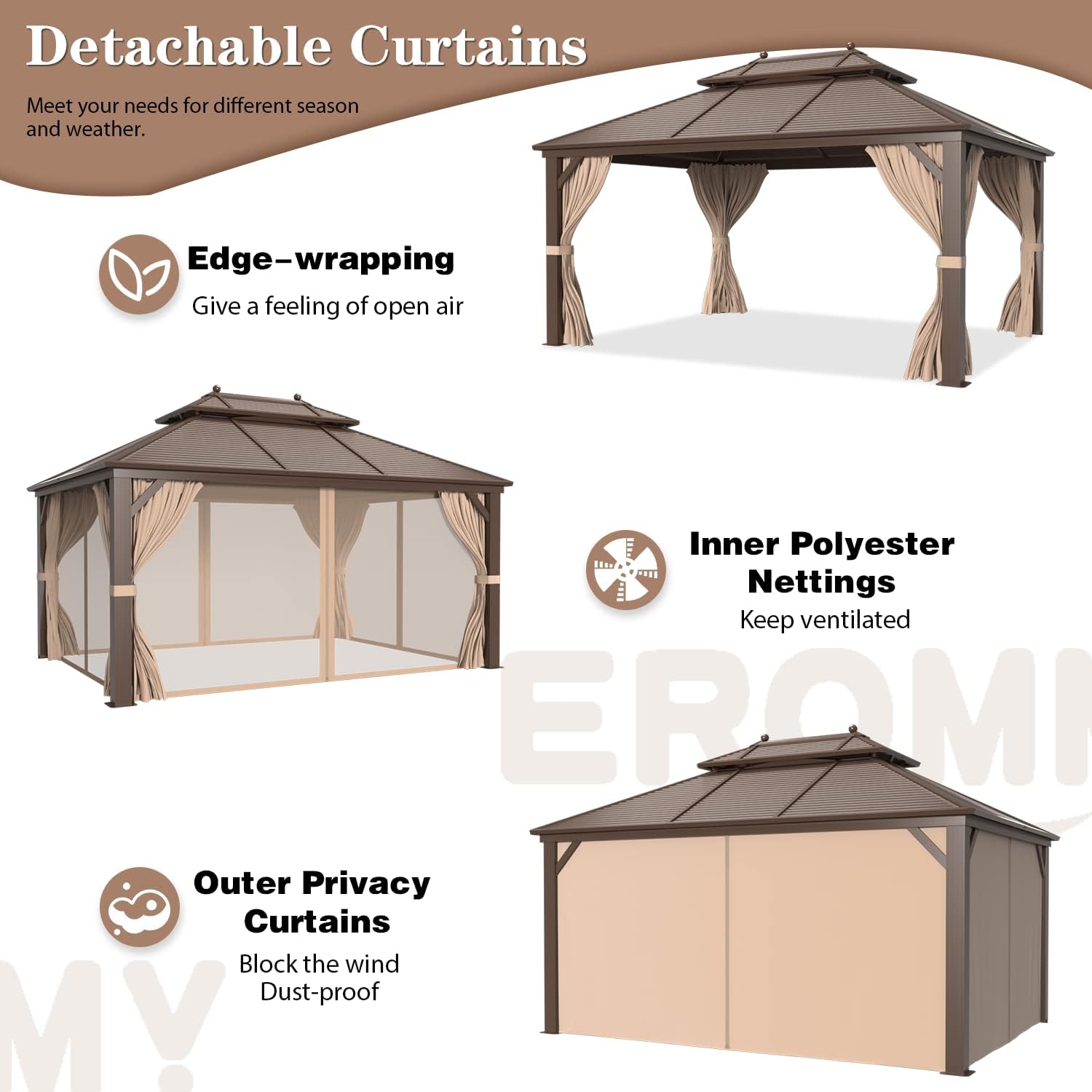 EROMMY Hardtop Gazebo Galvanized Steel Outdoor Gazebo Canopy Double Vented Roof Pergolas Aluminum Frame with Netting and Curtains for Garden,Patio,Lawns,Parties (10'x 13')