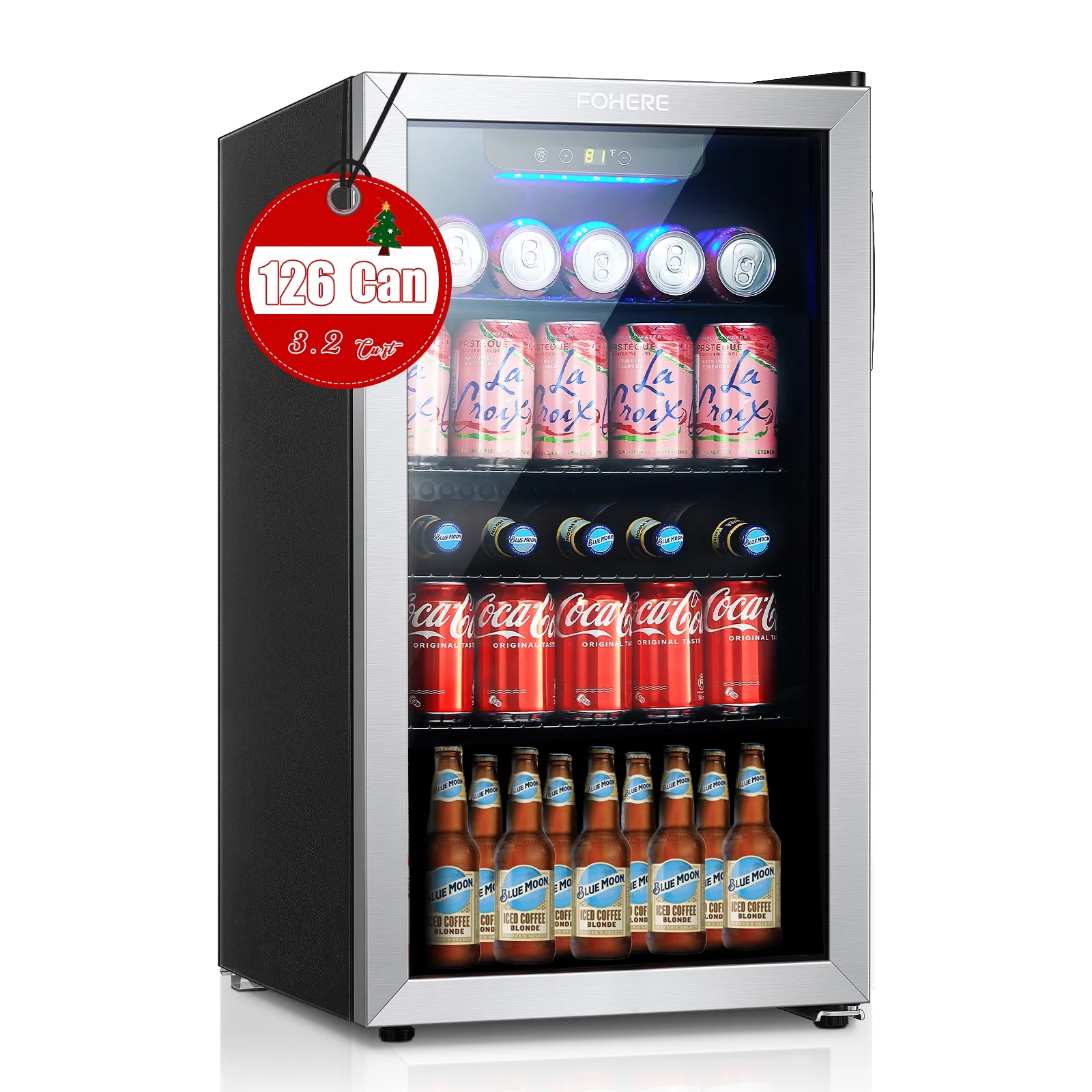 FOHERE 126 Can Beverage Refrigerator Cooler, 3.2 Cu.ft Mini Fridge, Wine Chiller for Bar/Office/Home, New, Reversible Door, 17.5 x 18.9 x 31.5 inches