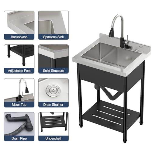 Lordear Stainless Steel Utility Sink 24 Inch - 24"x21" Freestanding Stainless Steel Kitchen Sink Single Bowl Commercial and Residential Use for Laundry Room Garage Outdoor and Kitchen