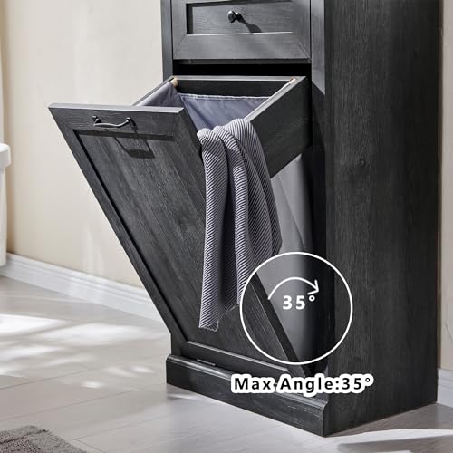Double Tilt Out Trash Cabinet, Dog Proof Trash Can Cabinet, Farmhouse Hidden Laundry Hamper Cabinet with Barn Door, 10 Gallon Garbage Can Bin Cabinet with Storage Basket for Kitchen (Dark Grey)