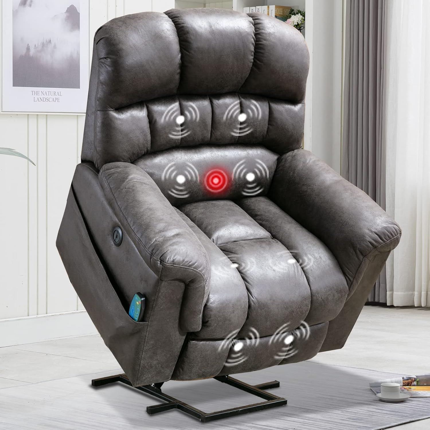 CANMOV Large Power Lift Recliner Chairs with Massage and Heat for Elderly Big People, Heavy Duty Electric Faux Leather Reclining Chairs with USB Port and 2 Side Pockets, Grey