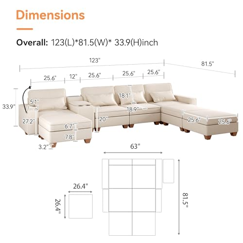 Modular Sectional Sofa, Convertible U Shaped Sofa Couch with Central Console & USB Ports, 7 Seat Modular Sectionals Couch with Chaise and Storage for Living Room, Light Grey