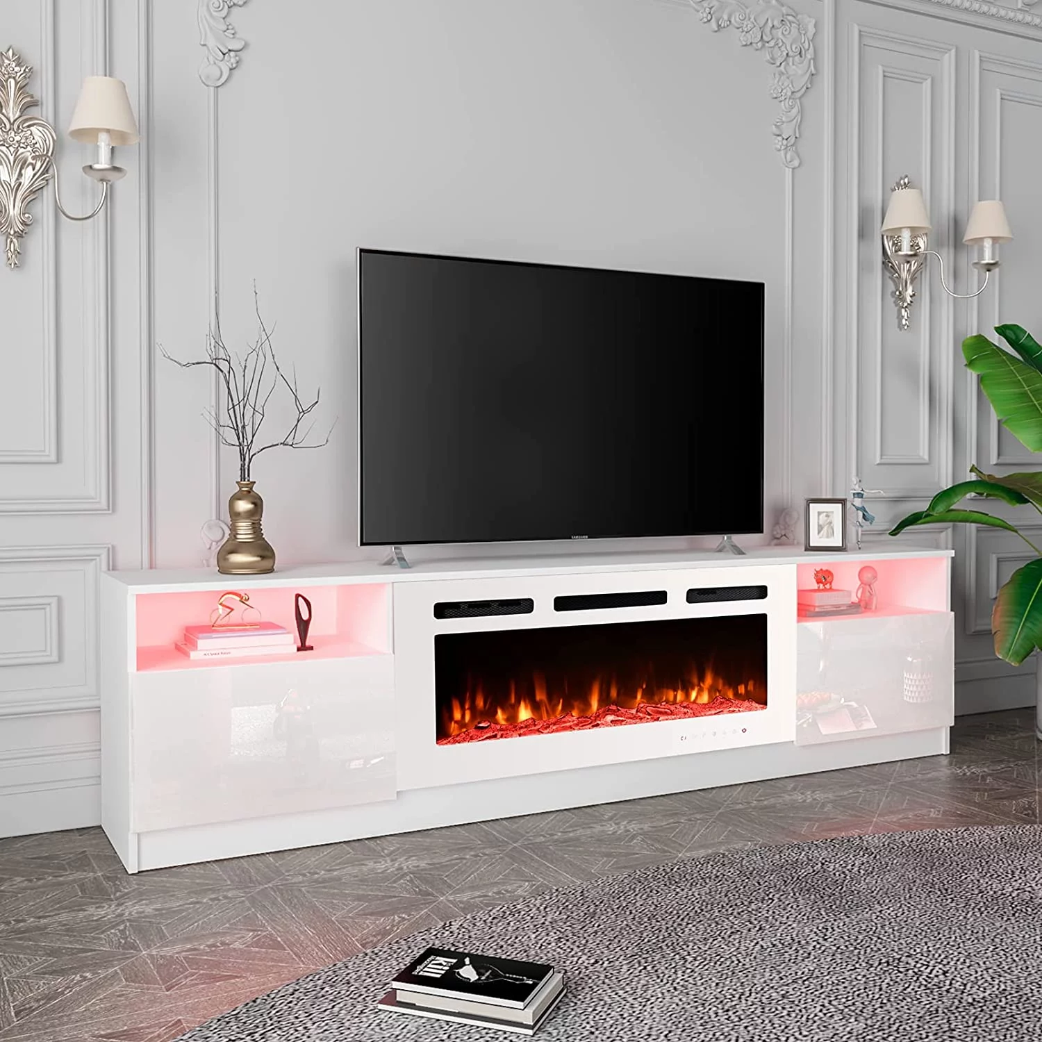 Erinnyees 80'' Fireplace TV Stand with 40'' Electric Fireplace, Entertainment Center with 16 Color Led Lights and 12 Flame Fireplace Insert Heater, TV Console for TVs up to 80'' for Living Room, White