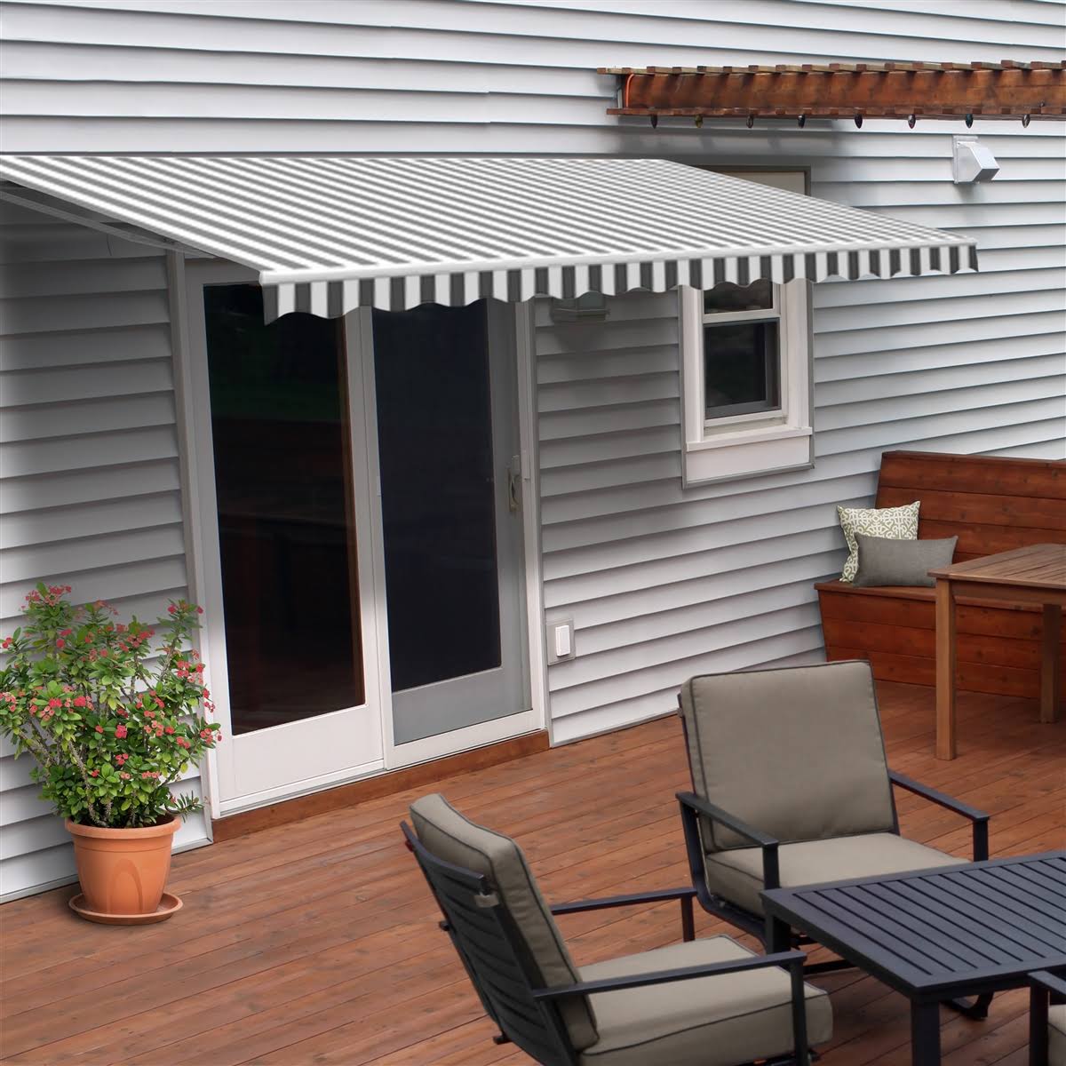 Aleko AWM12X10GREYWHT Retractable Motorized Patio Awning 12 x 10 Feet Gray and White Striped
