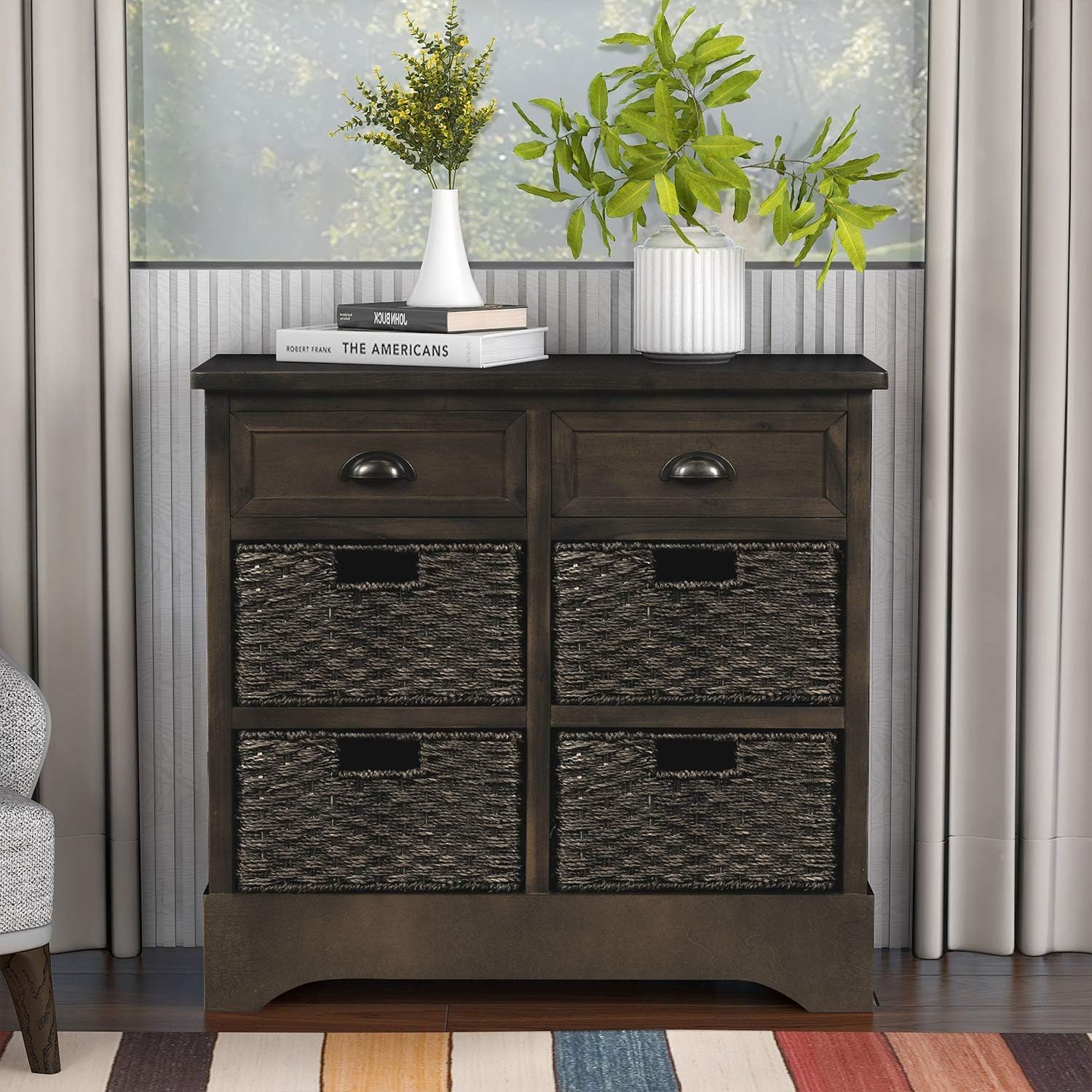 LUMISOL Home Collection Wicker Storage Cabinet Console table with Two Drawers and Four Wicker Baskets for Kitchen/Living Room/Dining Room, Accent Furniture (Espresso)
