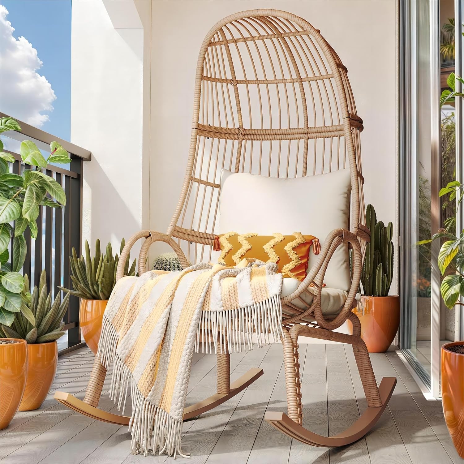YITAHOME Rocking Egg Chair Outdoor, 370lbs Capacity Wicker Patio Basket Chair, All-Weather Small Egg Lounger Chair for Indoor Outside (Beige)