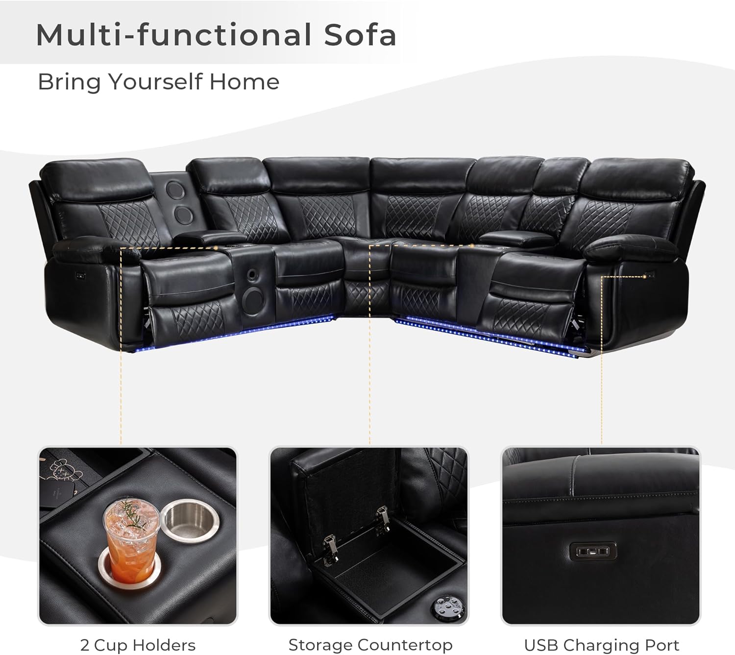 Power Reclining Sectional with Bass Speaker LED Light Recliner Faux Leather Reclining Sectional Couch Sofa Electric L-Shape Sectional Recliner USB Port,Cup Holder,Storage Console for Living Room Black