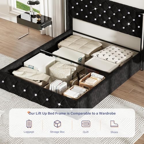 HOMBCK Full Size Lift Up Storage Bed Frame, Modern Bed Frame with Diamond Headboard, Velvet Bed Frame with Sliver Wingback, Hydraulic Storage, No Box Spring Needed, Black
