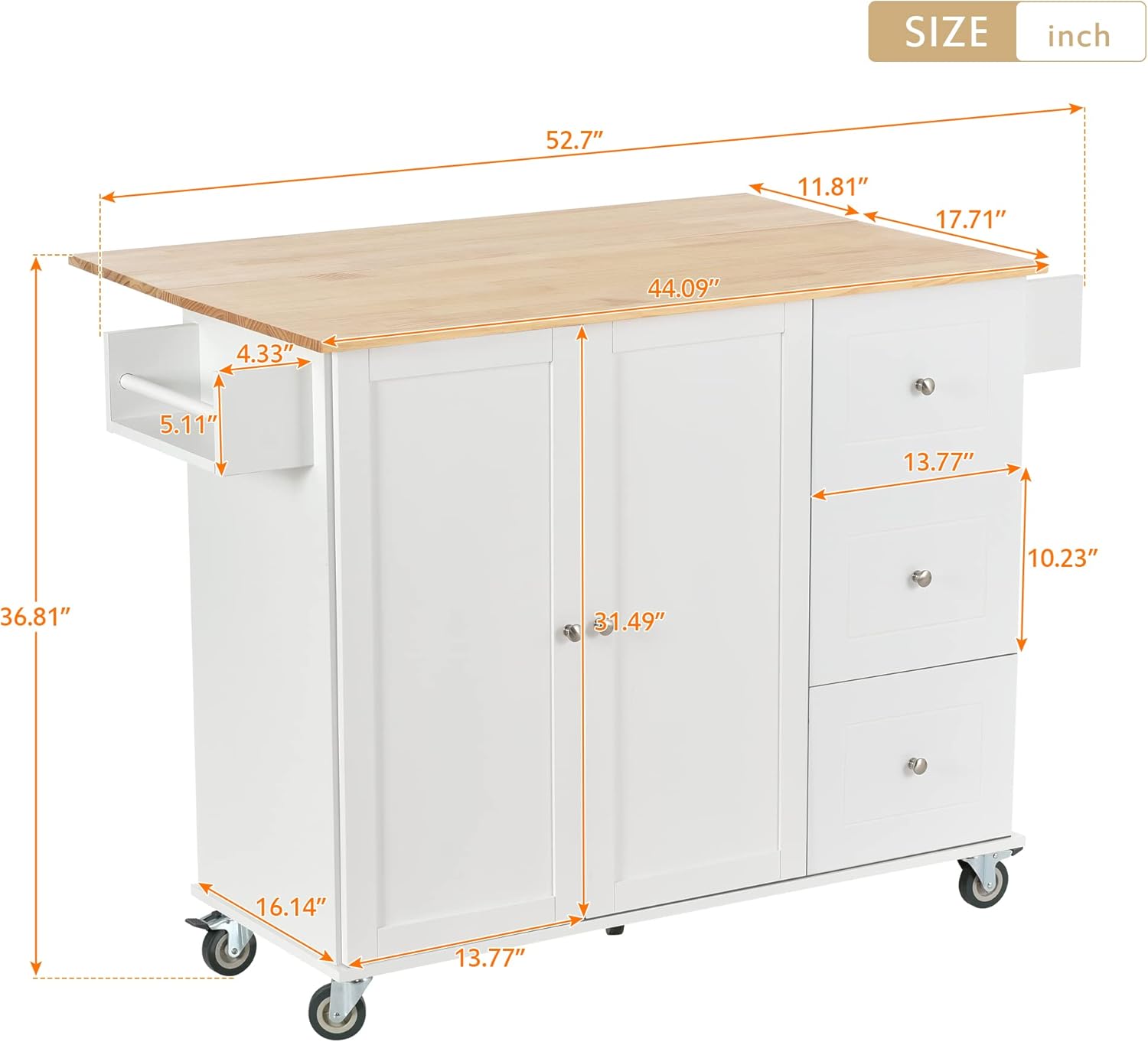 52.7 Inch Width Kitchen Island with 3 Drawers and Internal Storage Racks, Rolling Kitchen Cart with Towel Rack and Locking Wheels, Spice Rack, Drop Leaf Counter Top, Adjustable Shelves, White