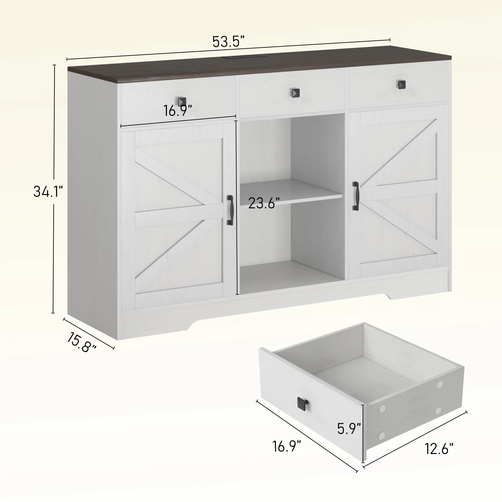53" Modern Farmhouse Coffee Bar Cabinet with Power Outlet & 3 Drawers, Wood Kitchen Sideboard Buffet Cabinet with 2-Door Cabinet and Adjustable Shelves(White-53")