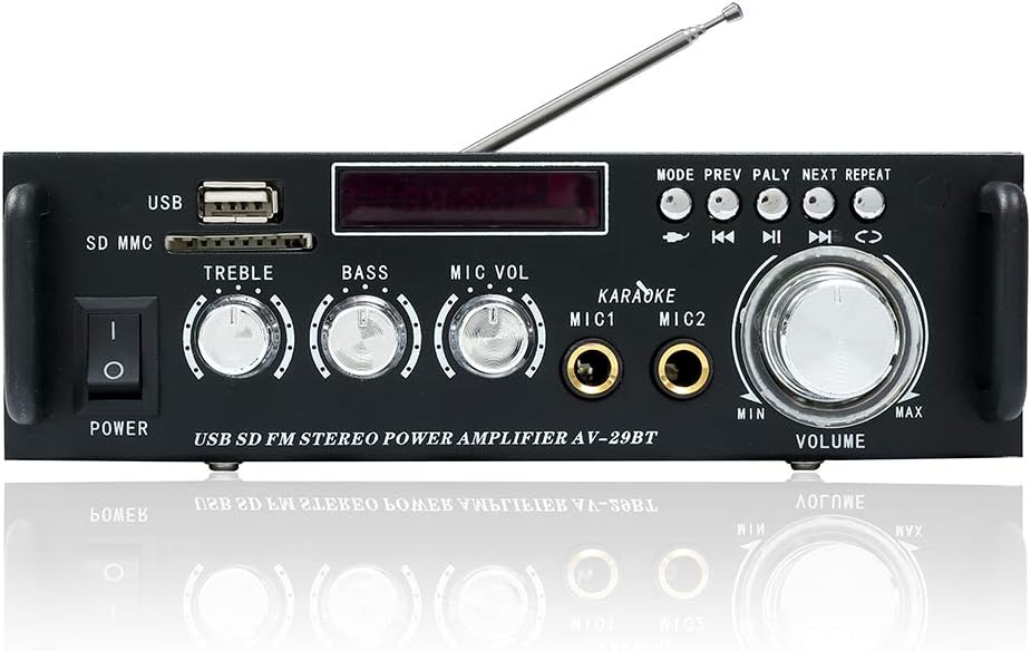 Bluetooth 5.0 Stereo Audio Amplifier Receiver – 300W HiFi Dual Channel Sound Receiver w/USB,SD Card,FM Radio,2 Microphone Input,Remote Control Mini Hi-Fi Karaoke Integrated Amp