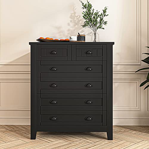 Vibe & Dine 6 Drawer Dresser Tall, White Wooden Dresser for Bedroom, Modern Chest of Drawers with Solid Wood Handles & Legs for Closet, Hallway