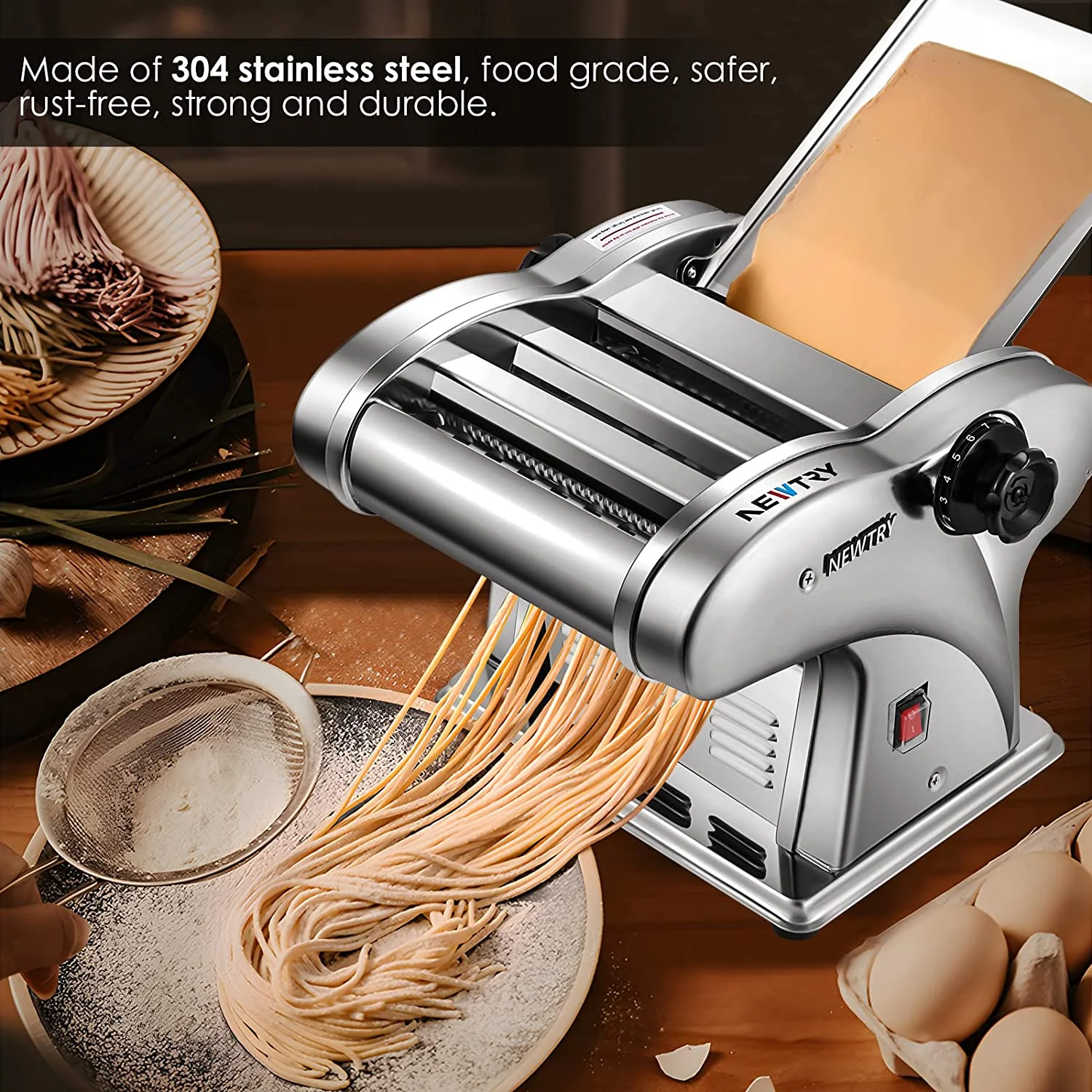 OUWI Electric Pasta Maker Noodle Maker Pasta Making Machine Dough Roller Cutter Thickness Adjustable Stainless Steel US 110V for Family Use 3 Blades Type