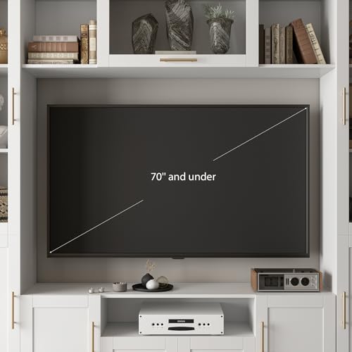 Entertainment Wall Unit for Living Room with Storage Bridge, Modern TV Stand with Glass Doors & Shelves, TV Media Console Table for TVs Up to 70", Entertainment Center with Bookshelves White