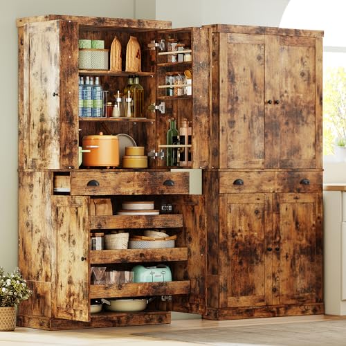 IRONCK Kitchen Pantry Cabinet with Sliding Storage Rack and 6 Hanging Shelves, 72" Height Tall Freestanding Cupboard for Living Room, Dining Room, Laundry, White