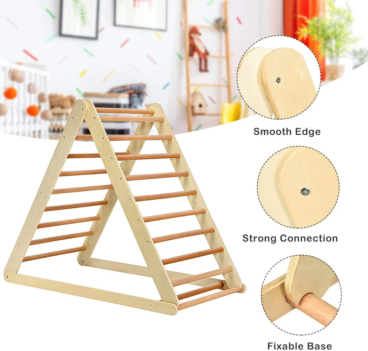 Triangle Climber with Tent, Kids Hideaway Play Tent & Rock Wall Climbing, Waterproof Tent Cover for Indoor Outdoor, Ring Bell, Wooden Climbing Triangle Crawling Tunnel Toy for Toddlers