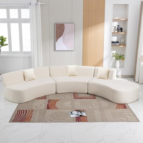 136.6" Stylish Curved Sofa Sectional Sofa Chenille Fabric Sofa Couch with Three Throw Pillows for Living Room, Beige Living Room Sectionals