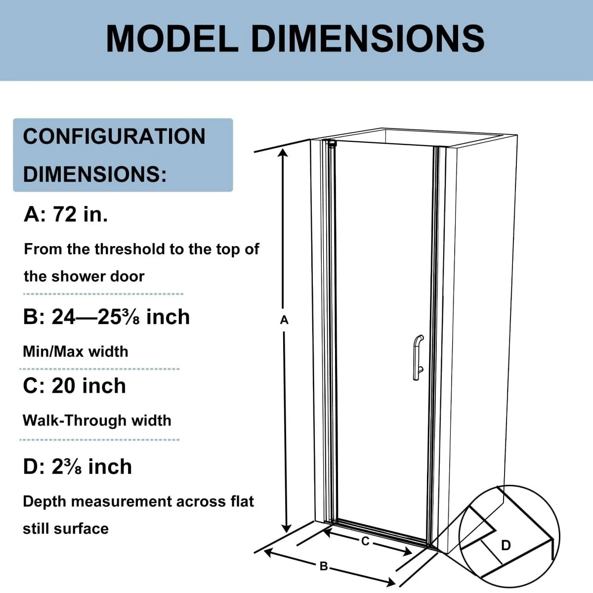 Classy 24-25.5 W x 72 H Small Shower Door Hinged Pivot Chrome Install Clear Glass Shower Door