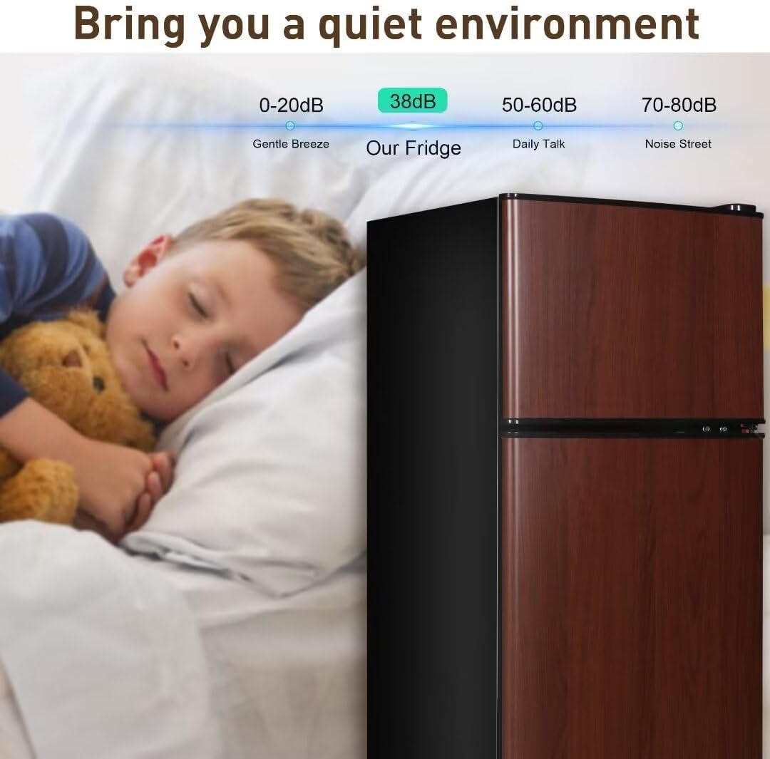 Compact Refrigerator, 3.3 Cu.Ft Apartment Size Refrigerator with Freezer, Small Fridge with Level Adjustable Thermostat Control Perfect for Kitchen, Wood