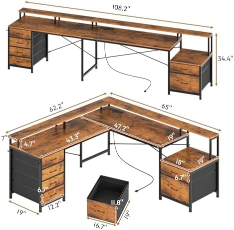 RUNFAYBIU L Shaped Desk with 6 Drawer  108" Home Office Desk with File Drawer &amp; Power Outlet  Corner Computer Desk with Monitor   File Cabinet  Two Person Desk  Gaming Desk with L