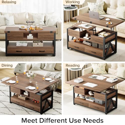 40" Lift Top Coffee Table,4 in 1 Multi-Function Lift Coffee Tables with Storage Drawers and Hidden Compartmen,Farmhouse Coffee Table with Lifting top for Living Room,Black
