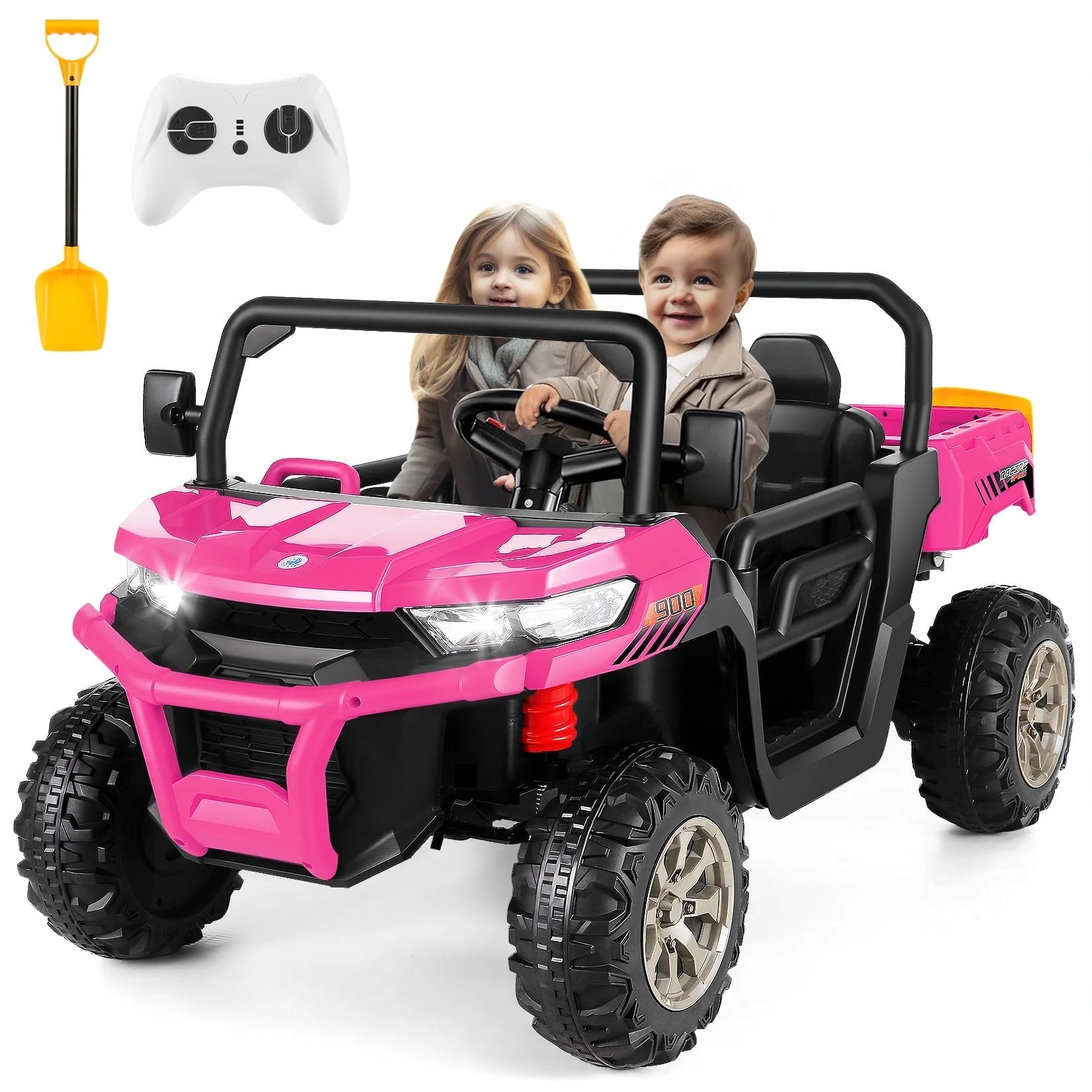 Vibespark 24 V 2x200W Kids Ride on Dump Truck with Remote Control, 2 Seater Electric Powered 4-Wheel UTV Toys, Ride on Tractor Car w/ Tipping Bucket Trailer, Shovel, Suspension, Bluetooth Music, Pink - Curated Treasures Market