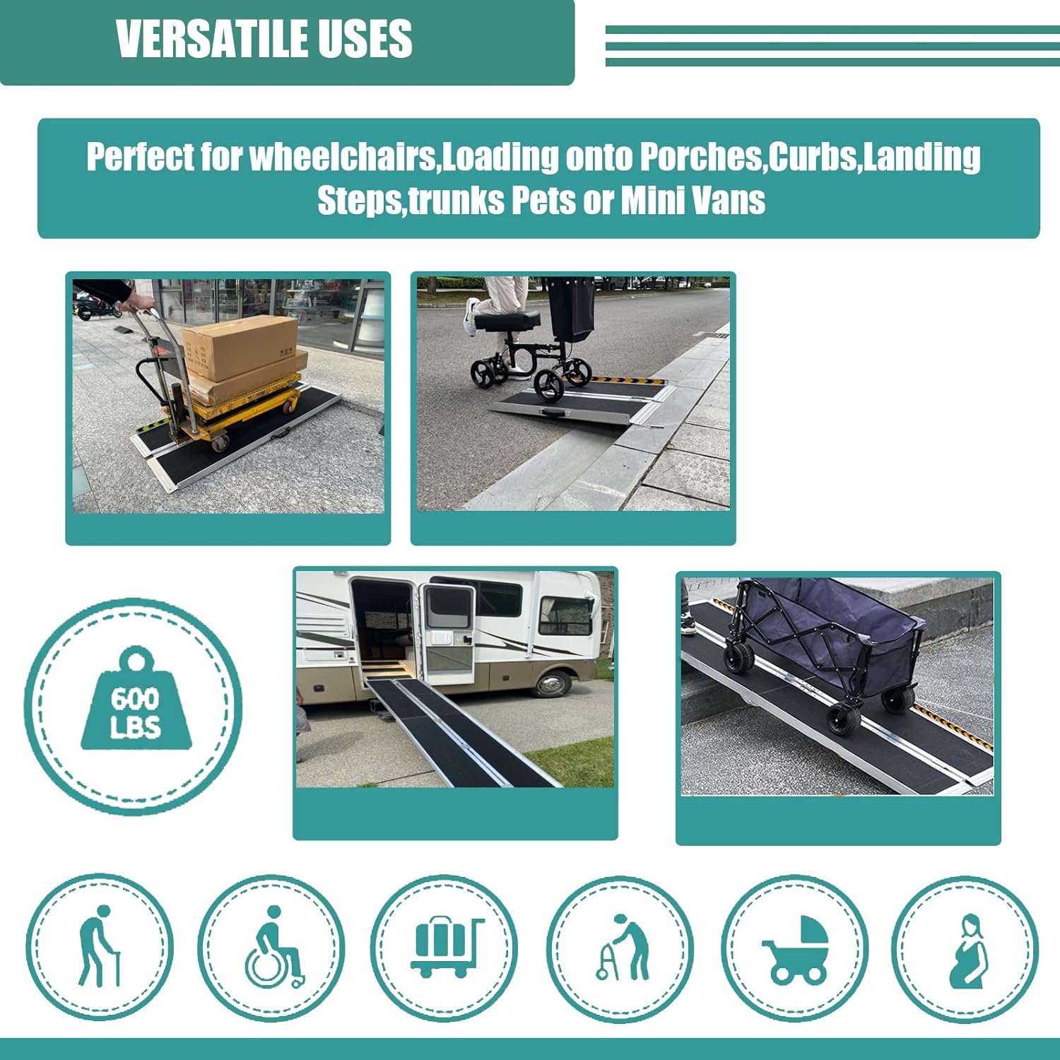Non-Skid Aluminum Portable Folding Wheelchair Ramp, Threshold Ramp with a Slip-Resistant Surface, Handicap Ramp for Home, Steps, Stairs, Doorways (Portable,8 Foot)