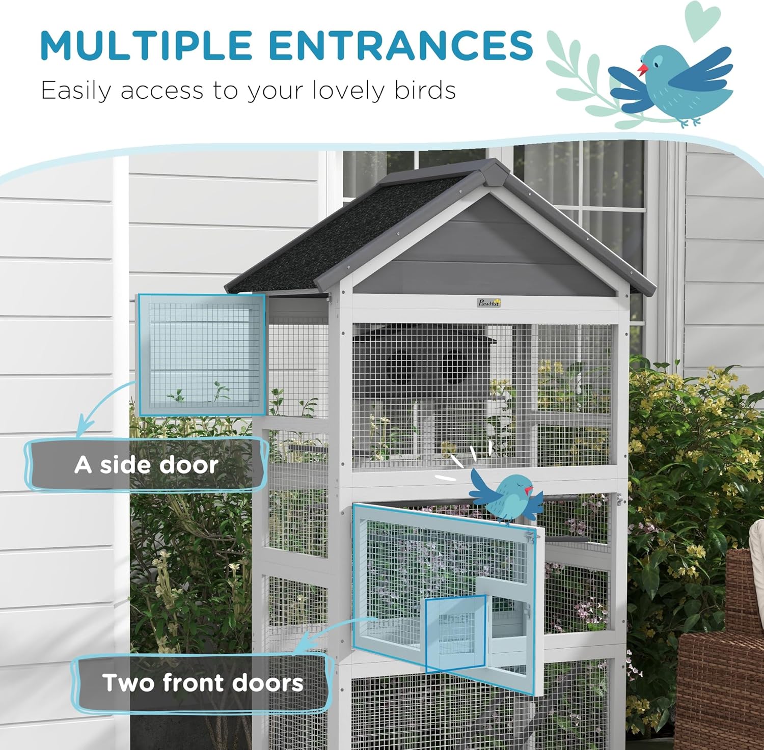 PawHut Wooden Bird Aviary, 67" Outdoor Bird Cage with Slide-Out Tray, Three Doors, Birdhouse, Ladder, Perches for Finches, Parakeets, Gray