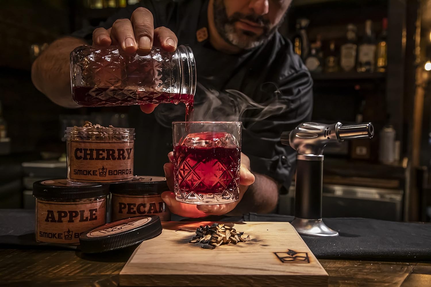 Smoked Cocktail Kit. The only Complete 7 Piece Home Bartender Kit with Carrying case and Torch Included! Handcrafted White Oak Smoking Board with 3 Different Wood Chips Including Mason jar and case.