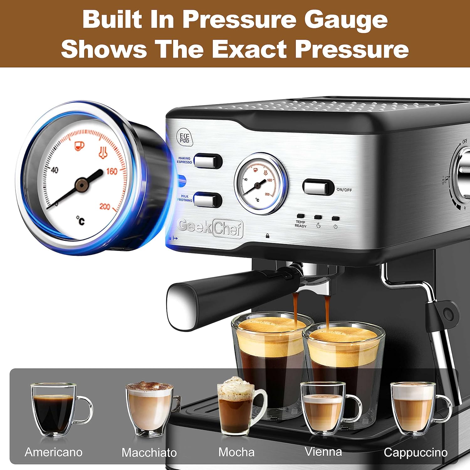 Geek Chef Espresso Machine, Cappuccino latte Maker Coffee Machine with ESE POD filter&Milk Frother Steam Wand and 1.5L Water Tank, 15 Bar, Black