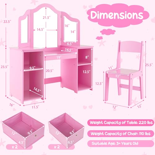 Costzon Kids Vanity, 2 in 1 Princess Makeup Desk Dressing Table with Detachable Top, Toddler Vanity with Tri-fold Mirror & Storage Shelves, Pretend Play Vanity for Little Girls, White