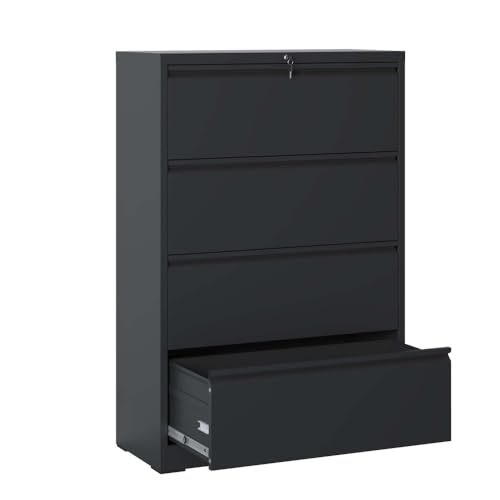 4 Drawer Metal Lateral File Cabinet with Lock Office Home Steel Vertical File Cabinet for A4 Legal/Letter Size Black