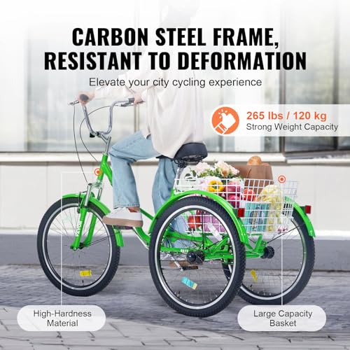 VEVOR Folding Adult Tricycle, 24-Inch Adult Folding Trikes, Carbon Steel 3 Wheel Cruiser Bike with Large Basket & Adjustable Seat, Shopping Picnic Foldable Tricycles for Women, Men, Seniors (Green)