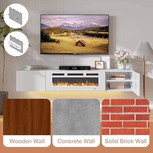 Aoxun Floating Fireplace TV Stand,70" TV Cabinet,Wall Mounted Entertainment Center with 36" Electric Fireplace,Modern LED Lights Media Console for TVs Up to 80" (Black TV Stand-White Fireplace)