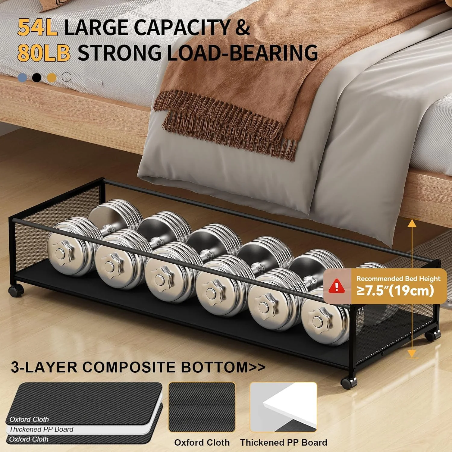 Under Bed Storage Containers With Wheels 54L Large Underbed Shoes Blankets Clothes Toy Storage Drawers For College Dorms Bedrooms Nursery Rooms Organization… (Black 2 Pack, XXL(36x16.6x7.28))