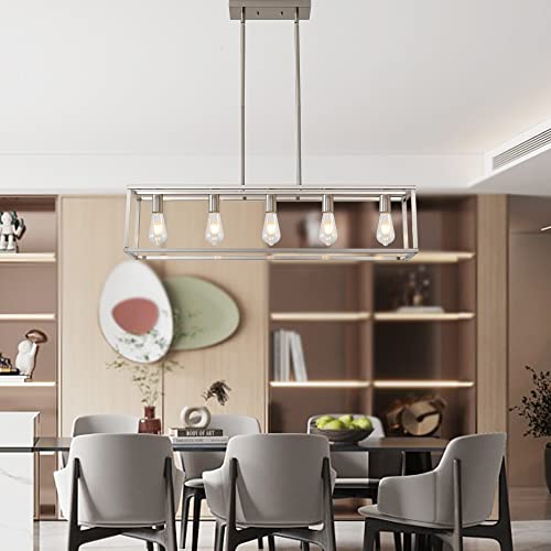 5 Lights Island Lighting Brushed Nickel Dining Room Chandelier Farmhouse Hanging Light Fixture Modern Kitchen Island Linear Lighting Farmhouse Chandelier for Bar Restaurant