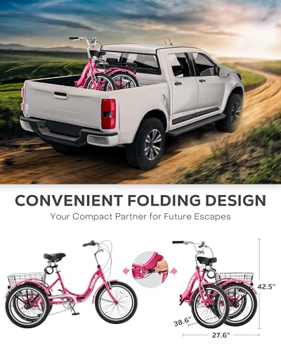 Viribus Folding Adult Tricycle 7 Speed, 20 inch Folding Tricycle for Adults with Dual Chain, 3 Wheel Bike with Lock, Foldable Trike Collapsible Three Wheel Bike Women Senior, 330lb. Deep Pink