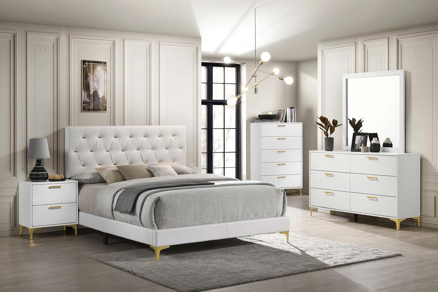 Coaster Home Furnishings Kendall 5-piece Modern Bedroom Set Queen Size Upholstered Tufted Bed Frame Velvet Upholstery Nightstand Dresser Mirror and Chest White 224401Q-S5