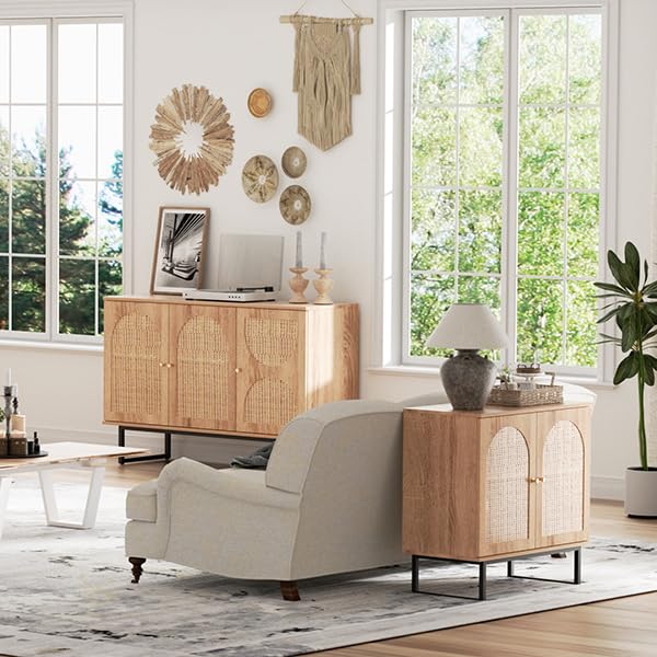 Storage Cabinet with 2 Arched Rattan Doors, Natural Style Rattan Sideboard Buffet Cabinet with Storage, Boho Entryway Table Console Credenza TV Stand for Living/Dining Room, Kitchen, Hallway