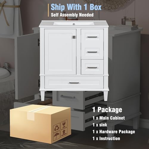 Harper & Bright Designs 30" Bathroom Vanity with Sink, Free Standing Single Basin Vanity Set with a Soft Closing Door and 3 Drawers, Solid Wood Bathroom Cabinet with Ceramic Basin for Bathroom, Green