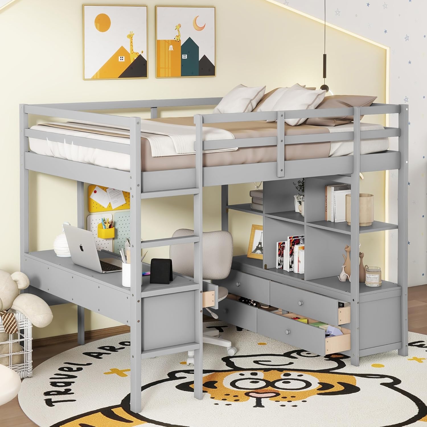 Harper & Bright Designs Full Size Loft Bed with Desk and 2 Drawers, Solid Wood Full Loft Bed with Storage Shelves and Drawers for Girls Boys Teens Adults,No Box Spring Needed,Grey