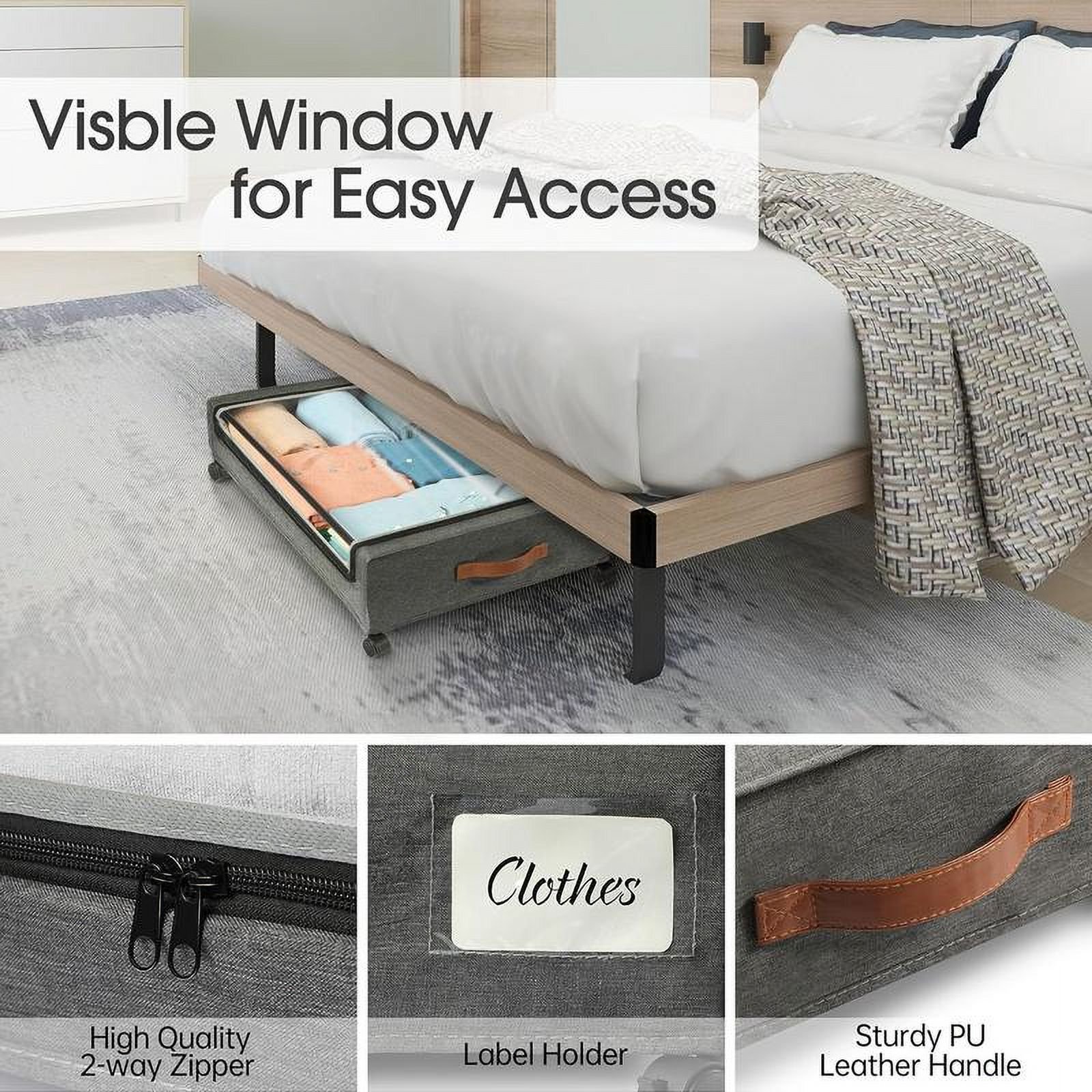 DELAMU 2-Pack Underbed Storage Boxes | Silent Wheels | Dustproof ​​Clear Window | Drawer Lightweight Bin | Easy Organizer for Apartments/Dorm/Bedroom