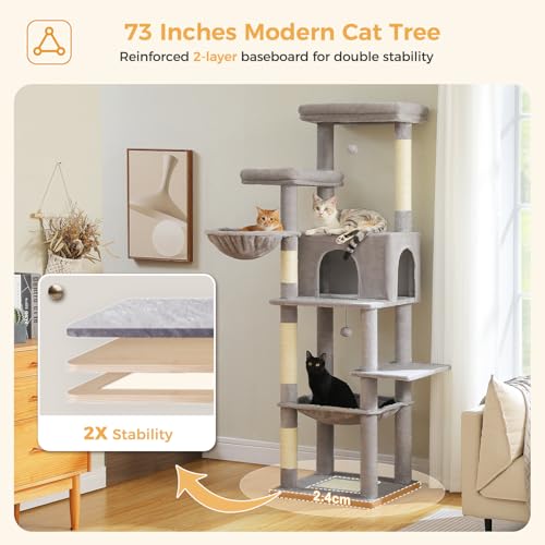 PAWZ Road Large Cat Tree, 73 Inches Tall Wooden Cat Tower with 2 Spacious Hammocks,2 Big Top Beds,8 Fully Scratching Posts and Natural Wood Posts, Multi Cat Tree for Indoor Cats Large Adult-XL