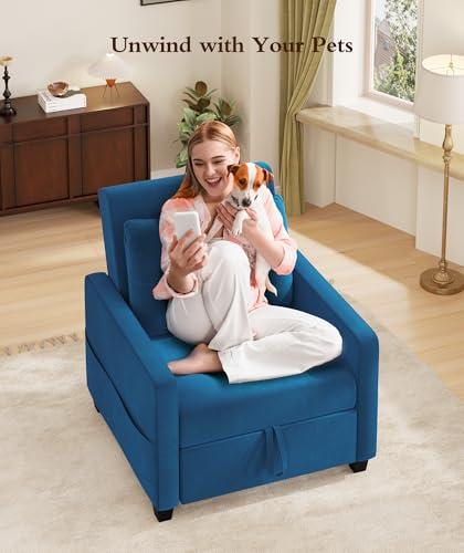 Sleeper Sofa Chair, 3 in 1 Convertible Sleeper Chair with Adjustable Backrest, 32" Pull Out Couch Bed 400lbs Support, Comfy Velvet Small Sofa Bed for Small Space with Pillow & 2 Pockets, Blue
