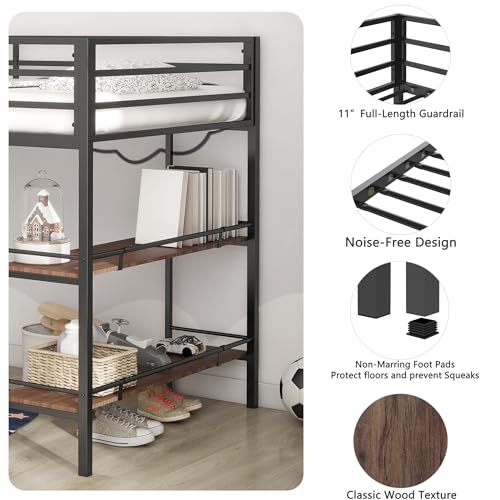 Twin Size Loft Bed with Desk and Storage Stairs, Heavy Duty Metal Loftbed Frame w/Safety Guardrail for Kids, Teens, Adults, No Box Spring Needed, Space-Saving Design, Black