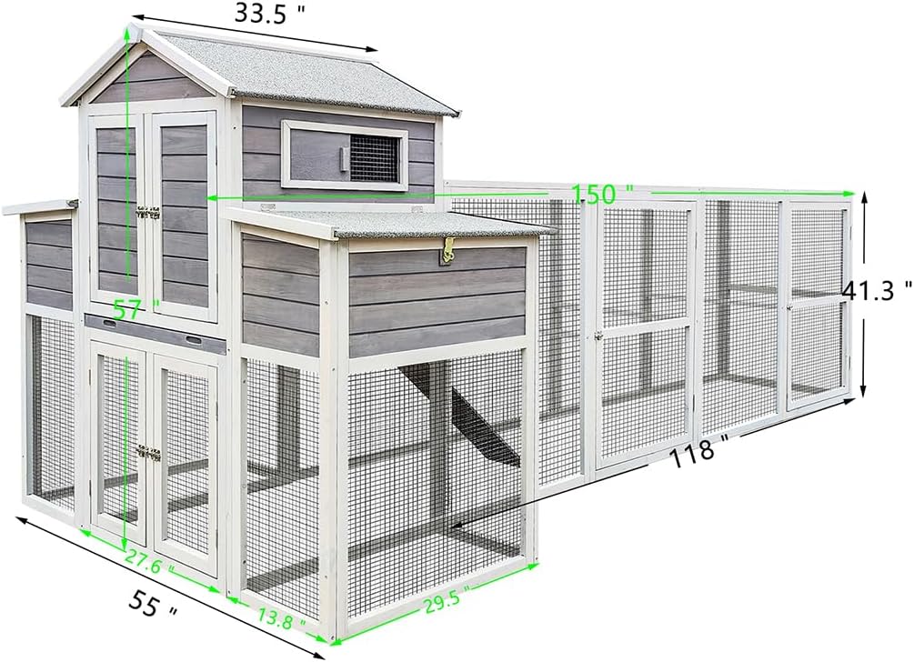 Chicken Coop 150" Extra Large Wooden Hen House, Outdoor Backyard Poultry Cage with Run, Chicken Nesting Box, Pull Out Trays and Anti-Slip Asphalt Ramp, Deluxe Wood Chicken Coops for 6-10 Chickens